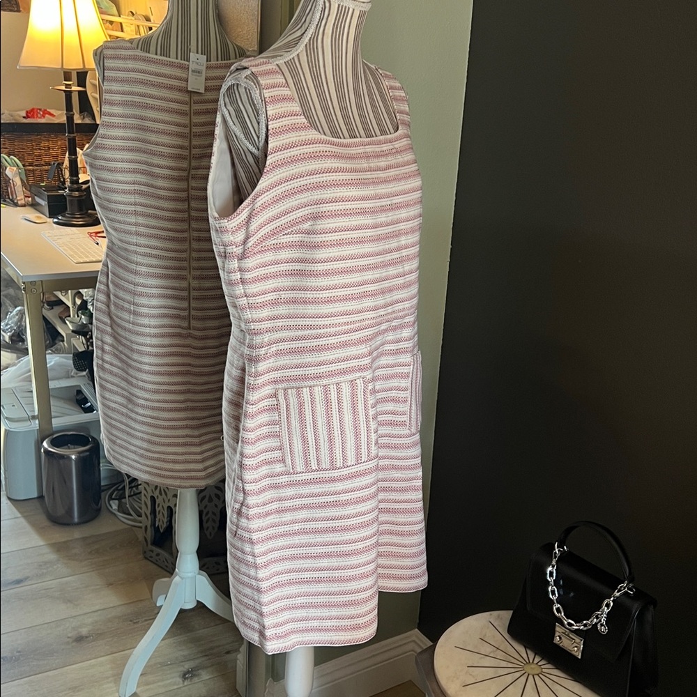 NWT. LOFT, size 14, Pink & White, Sleeveless Boucle Sheath Striped Mini Dress - Picture 2 of 8